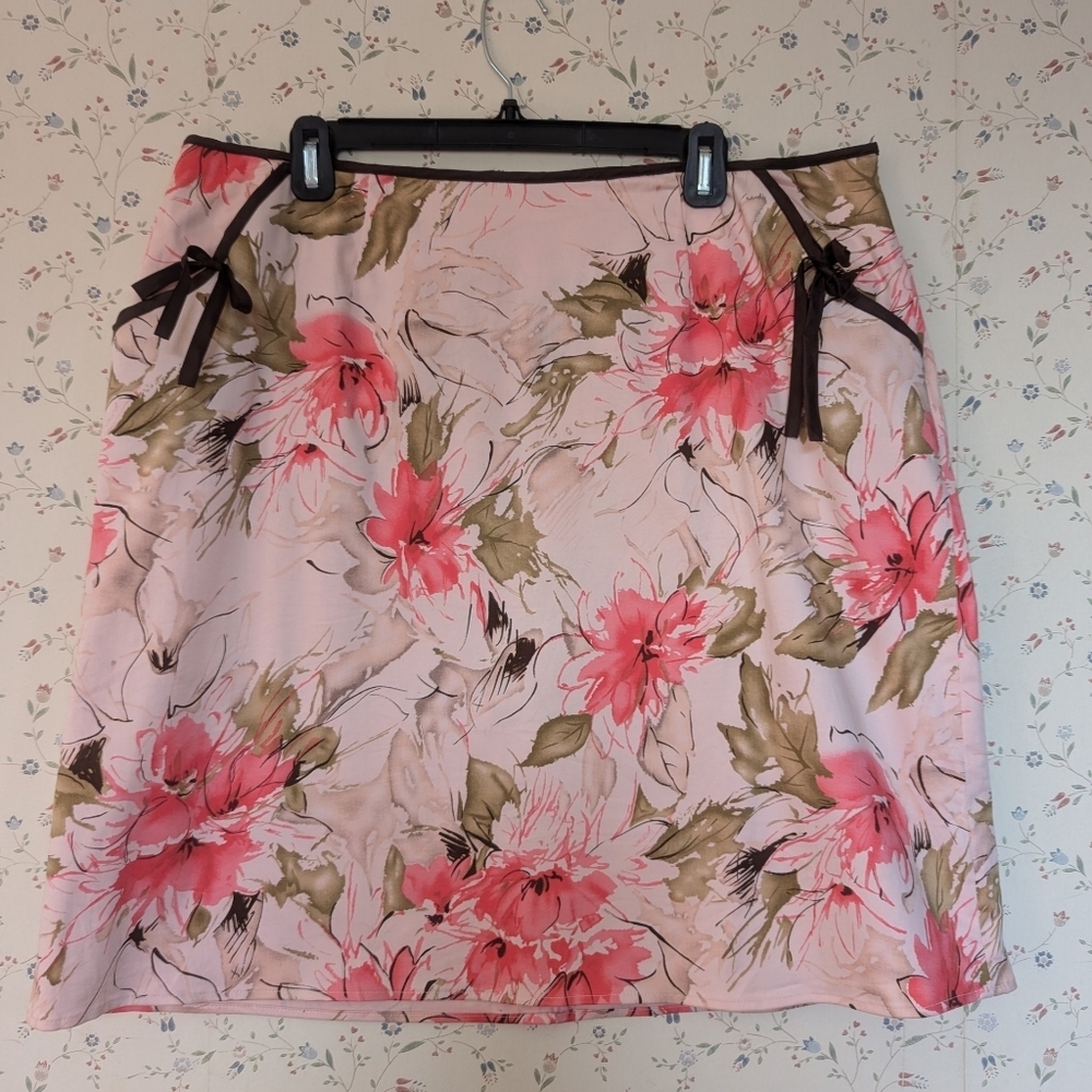 🩷 Fasion Bug Skirt Pink Peach Coral  Floral Brown Bows 18W Y2K Feminine Ribbon